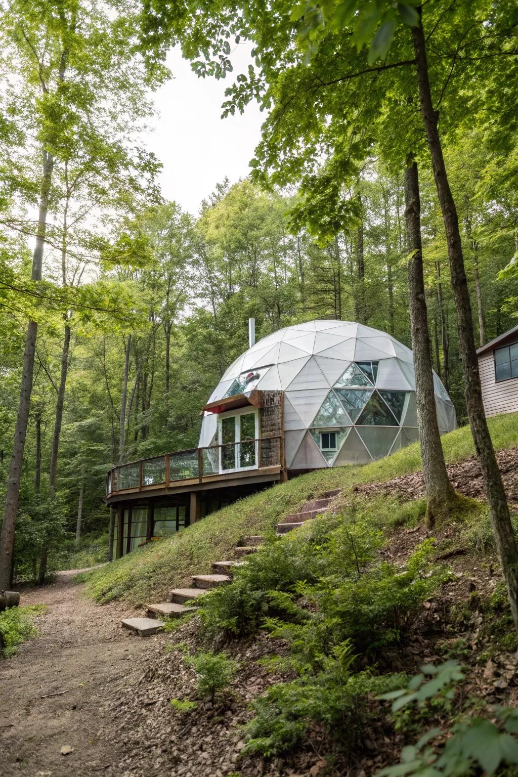 A geodesic dome home presenting a unique silhouette in the woods.