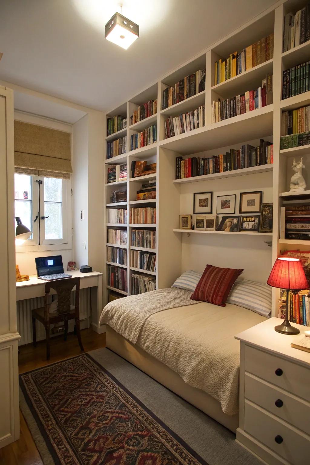 High bookshelves in a small bedroom offer plenty of high storage capacity.