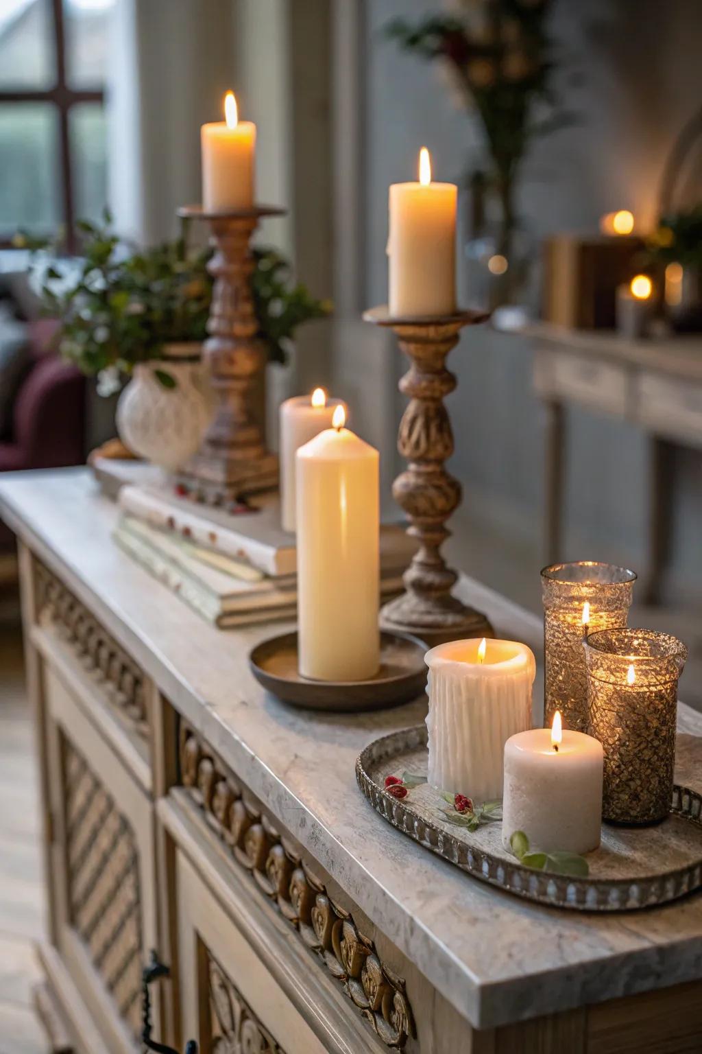 Candles nestled in assorted holders emit a warm, welcoming glow.