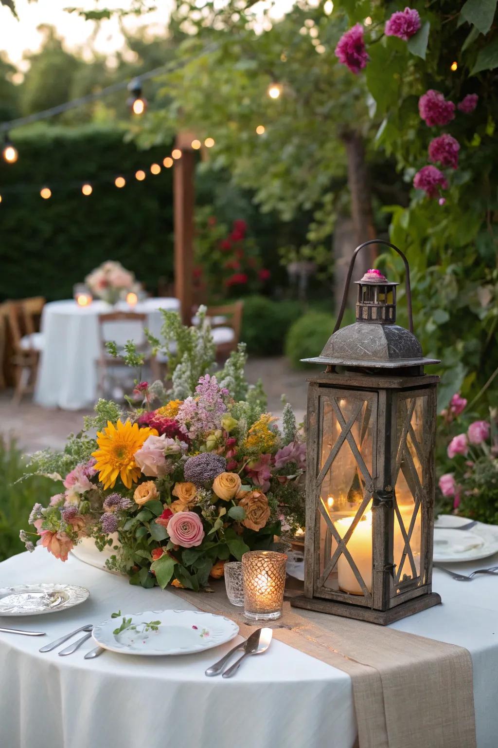 Whimsical garden party lantern centerpiece with assorted flowers.