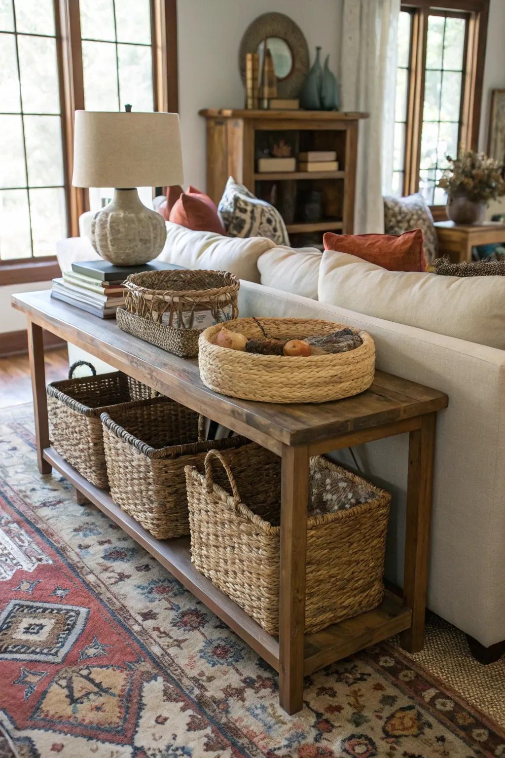 Baskets add texture and functionality to a sofa table.