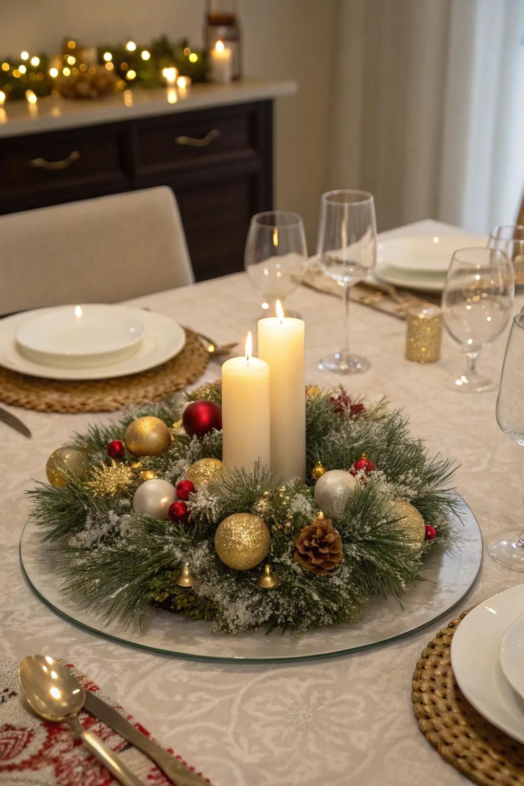 A festive dining table centerpiece featuring tinsel garland.