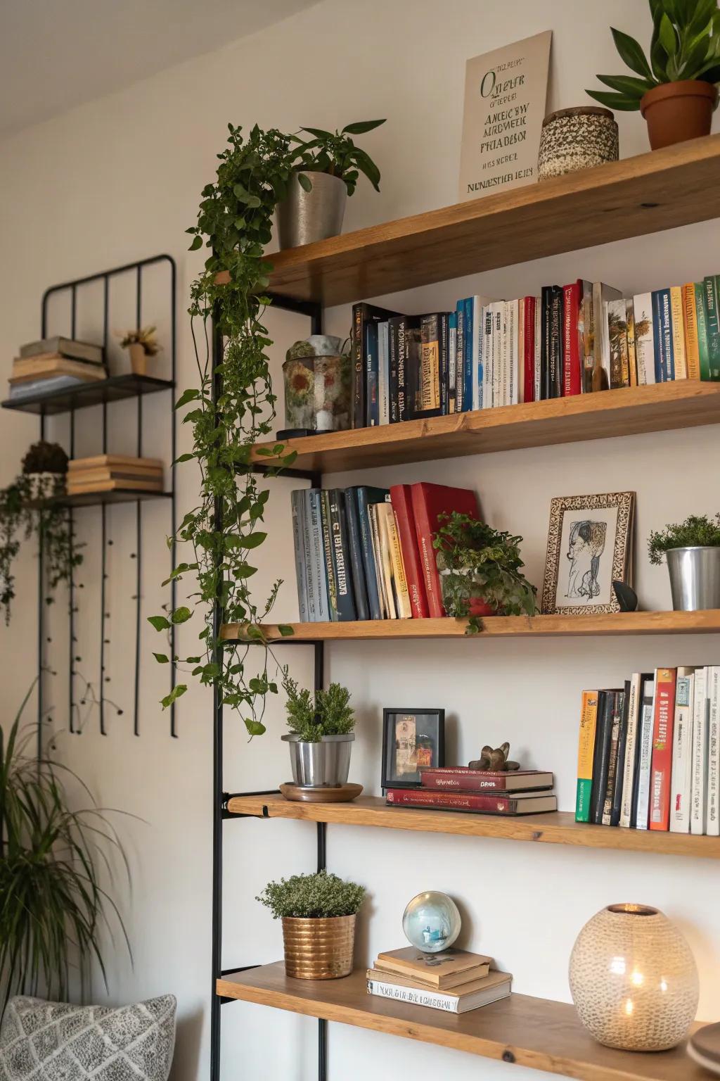 Exposed shelves provide both aesthetic and storage solutions