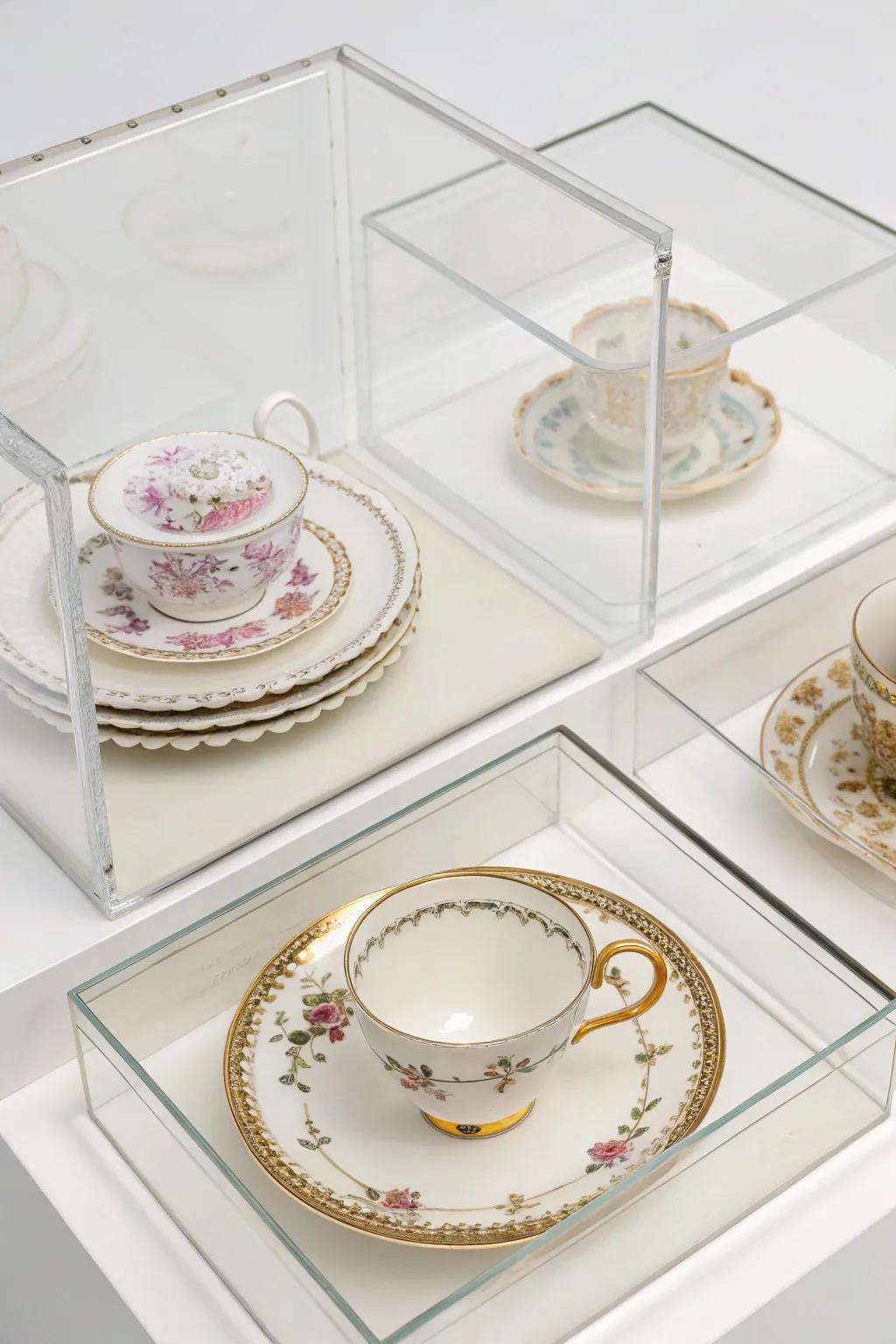 Clear boxes displaying individual china pieces as standalone artworks.