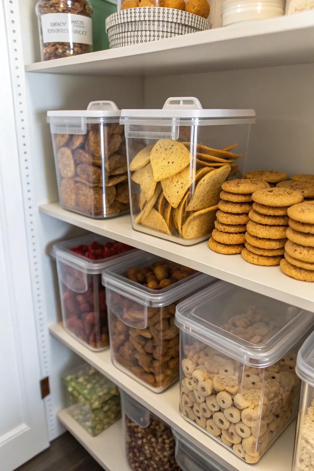 Stackable hoppers sustain munchies in an organized manner and within reach.