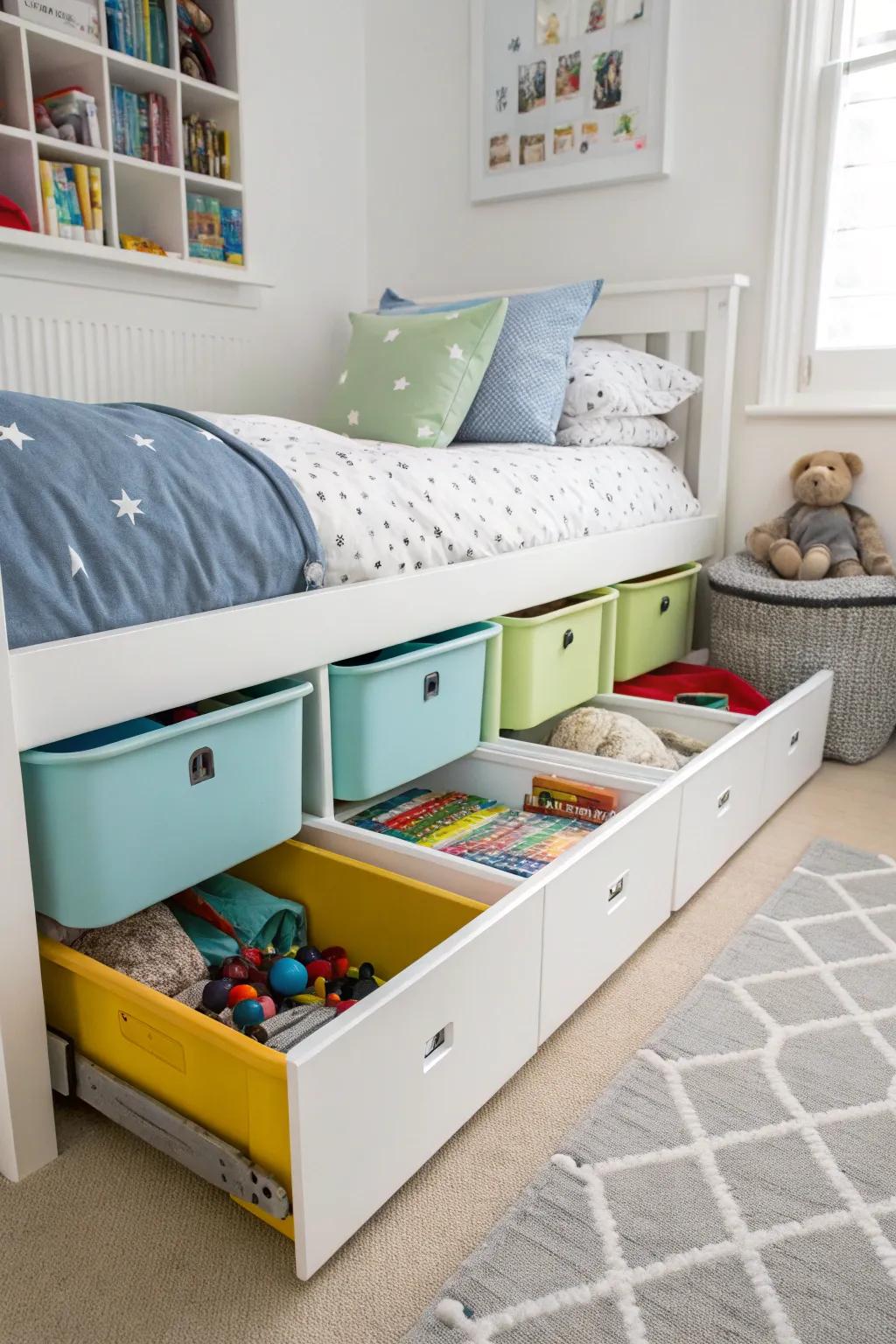 Under-bed storage keeps less-used items hidden yet accessible.