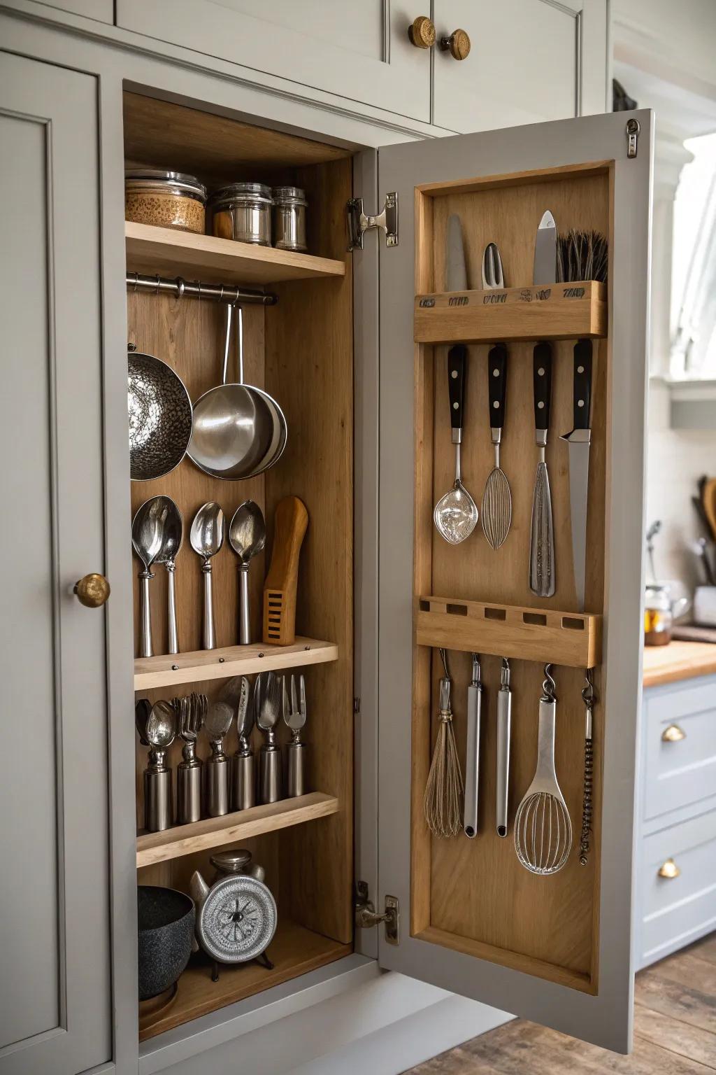 Cabinet door organizing utilizing often unused spaces.