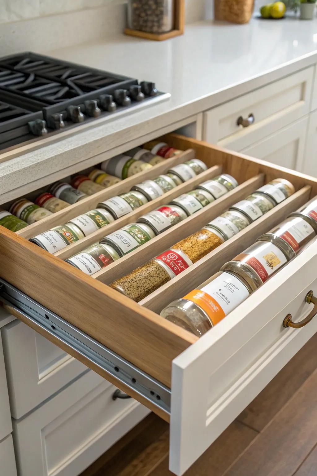 Interior drawer dividers deliver neat spice organization.