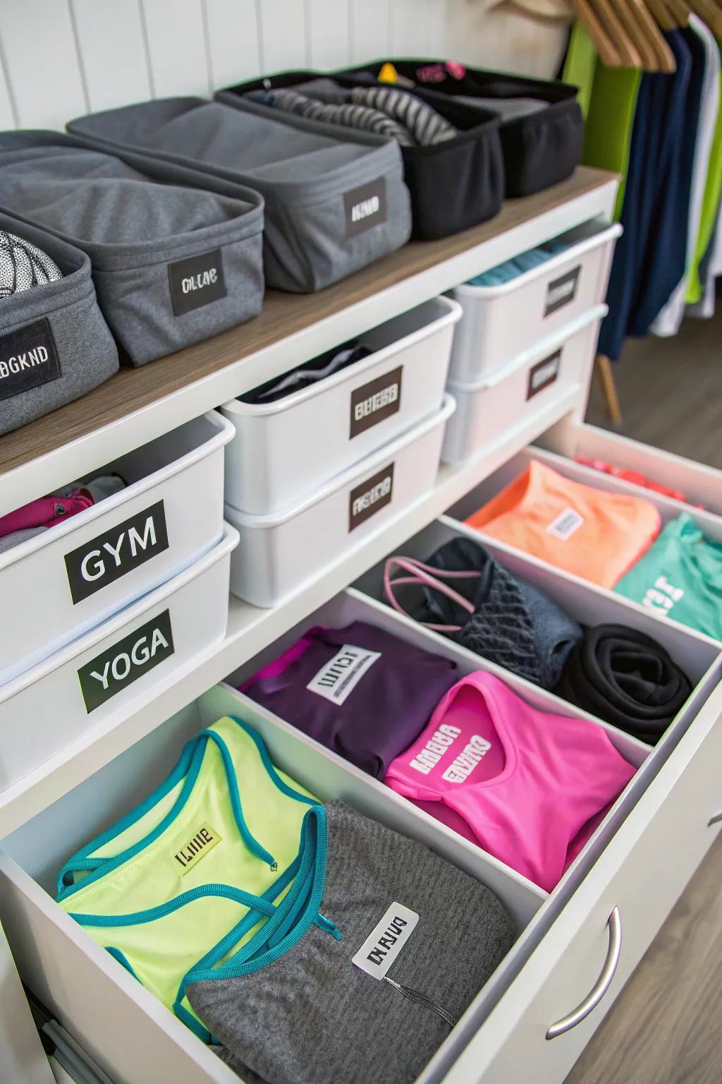 Labeled storage simplifies locating workout gear.