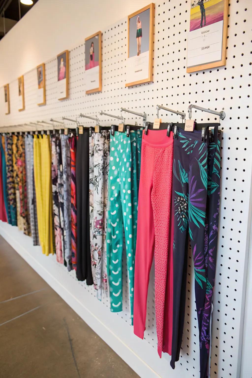 Develop a unique storage solution with a custom pegboard rack for leggings.