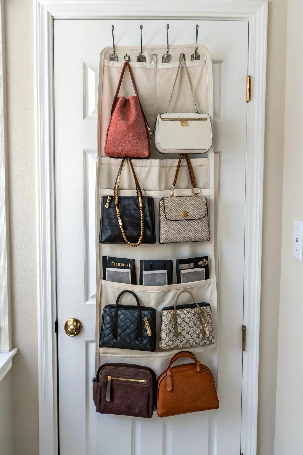 An over-the-door organizer efficiently storing handbags in a small area.