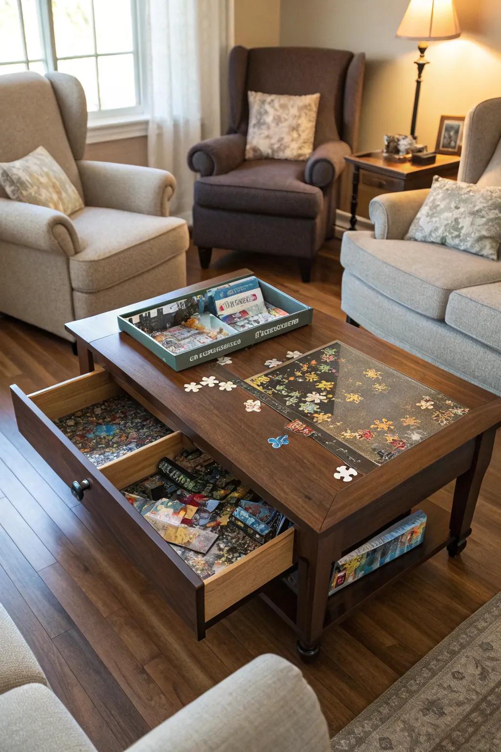 A multifunctional table offering puzzle storage.