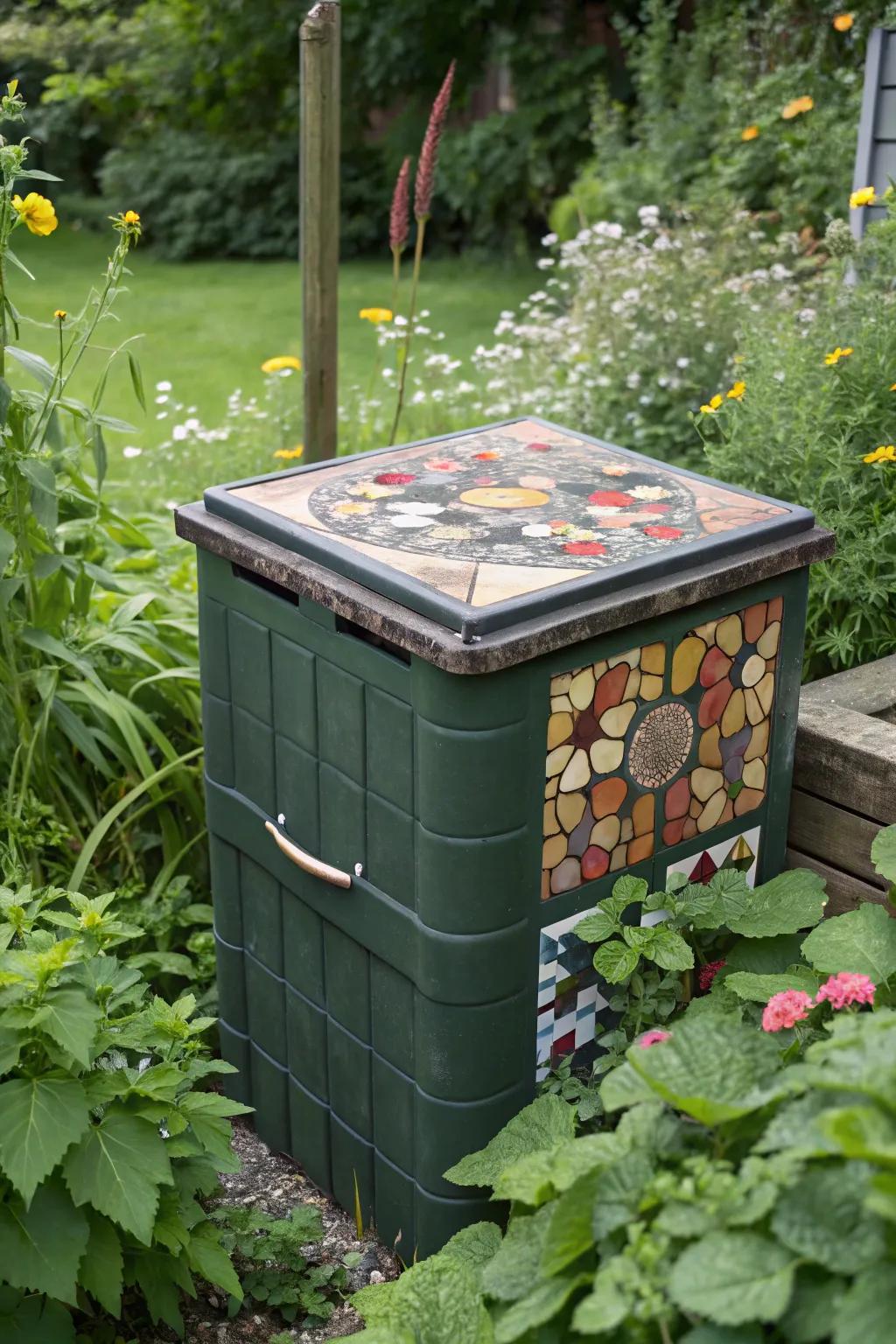 A compost container topped with a lovely mosaic top enhances the garden's appeal.