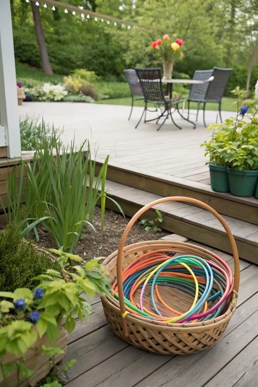 A huge basket full of creative circles, offering a fun and smart way to put stuff on a patio.