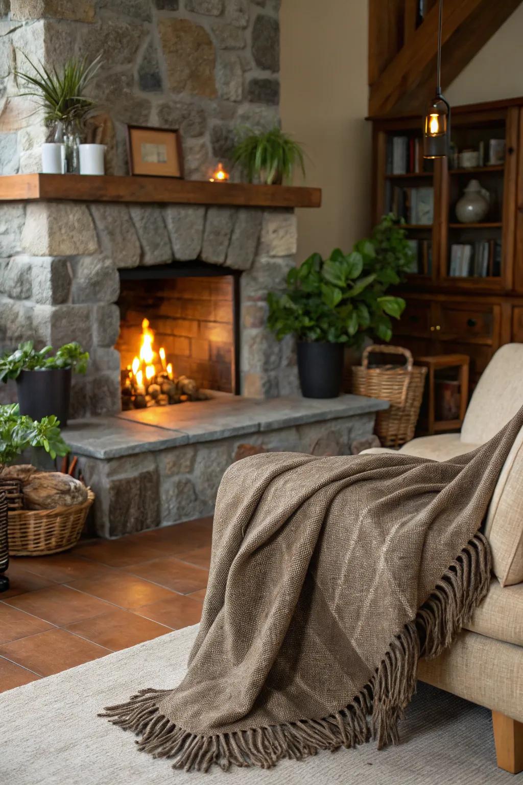 Inherent textures such as stone and wool contribute to the room’s overall sense of warmth and richness.
