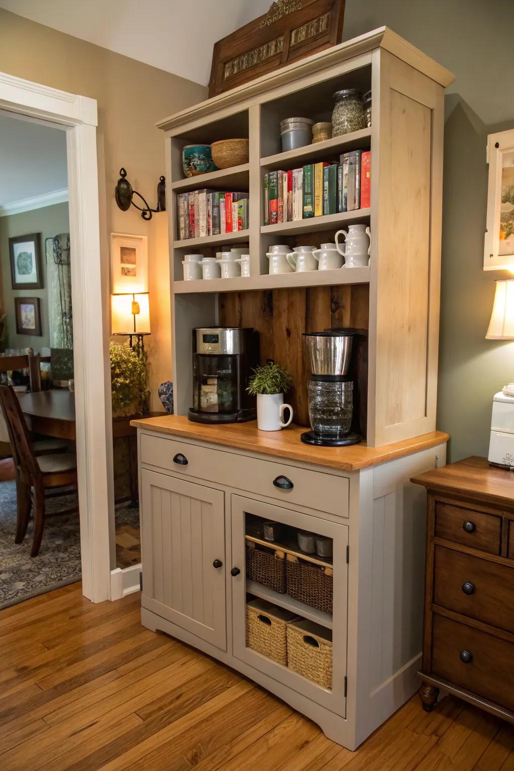 A hutch turned coffee station combines both elegance and function.