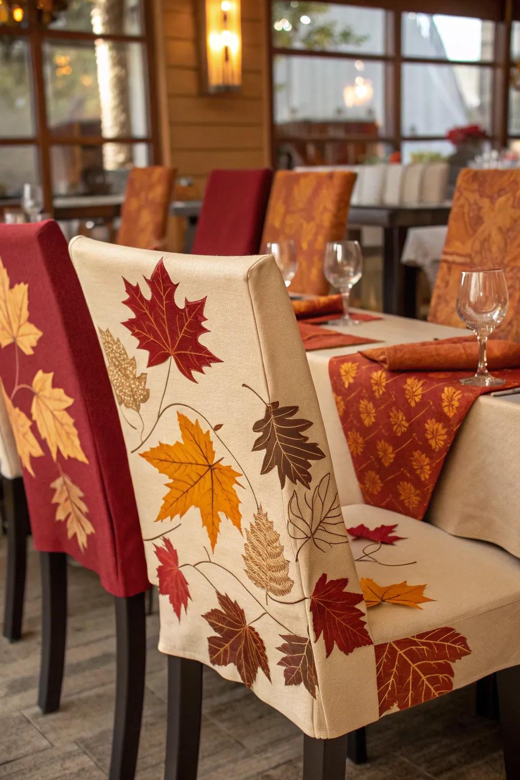 Festive style with autumn-themed chair wraps.