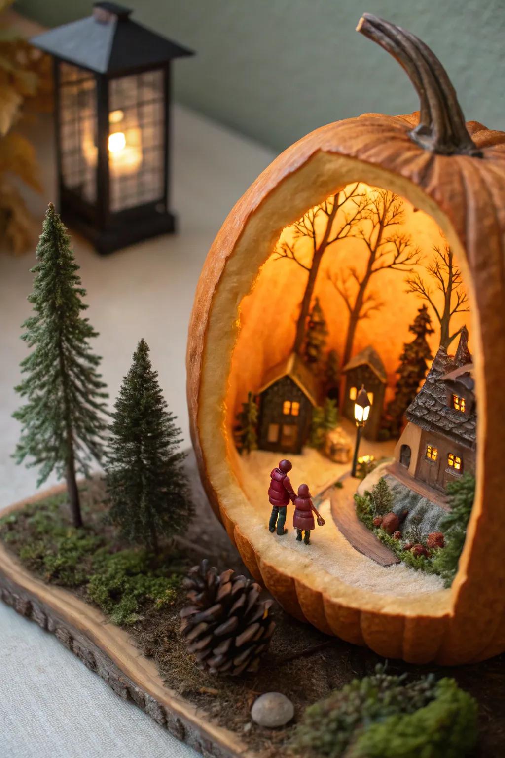 A pumpkin diorama showcasing a whimsical miniature world.