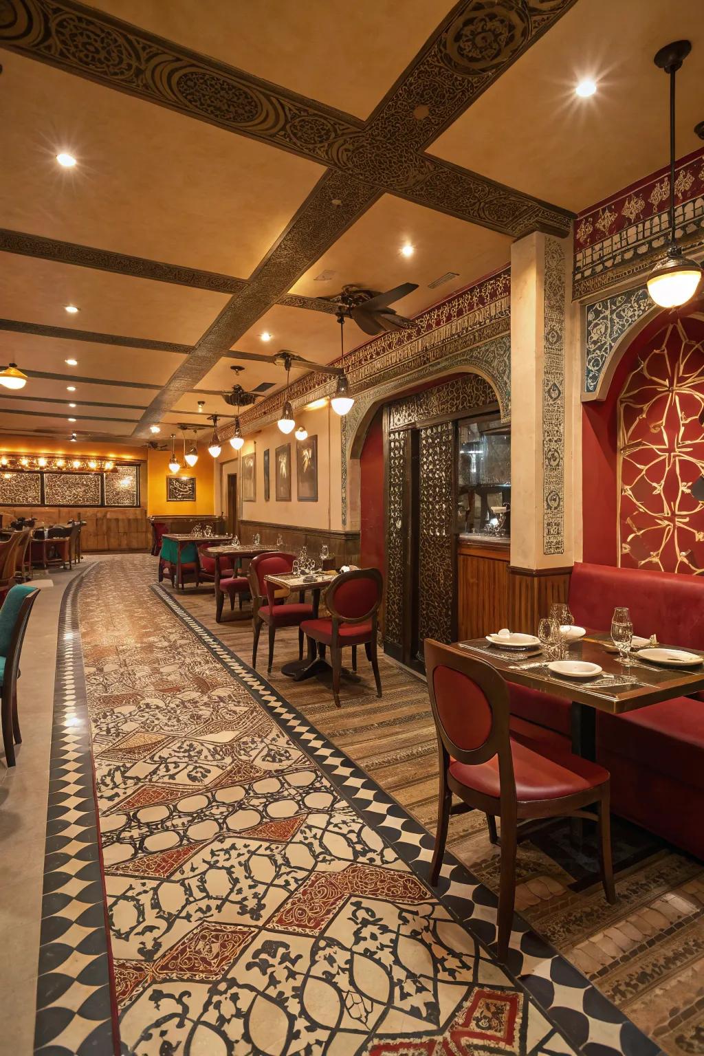 Distinctive patterned flooring in an Indian restaurant.