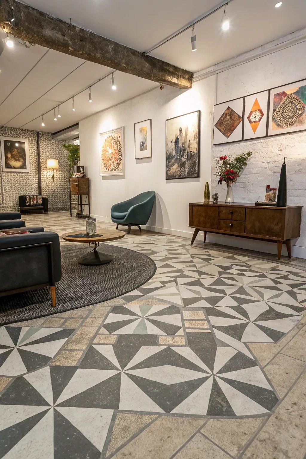 Geometric designs bring visual excitement to concrete floors.