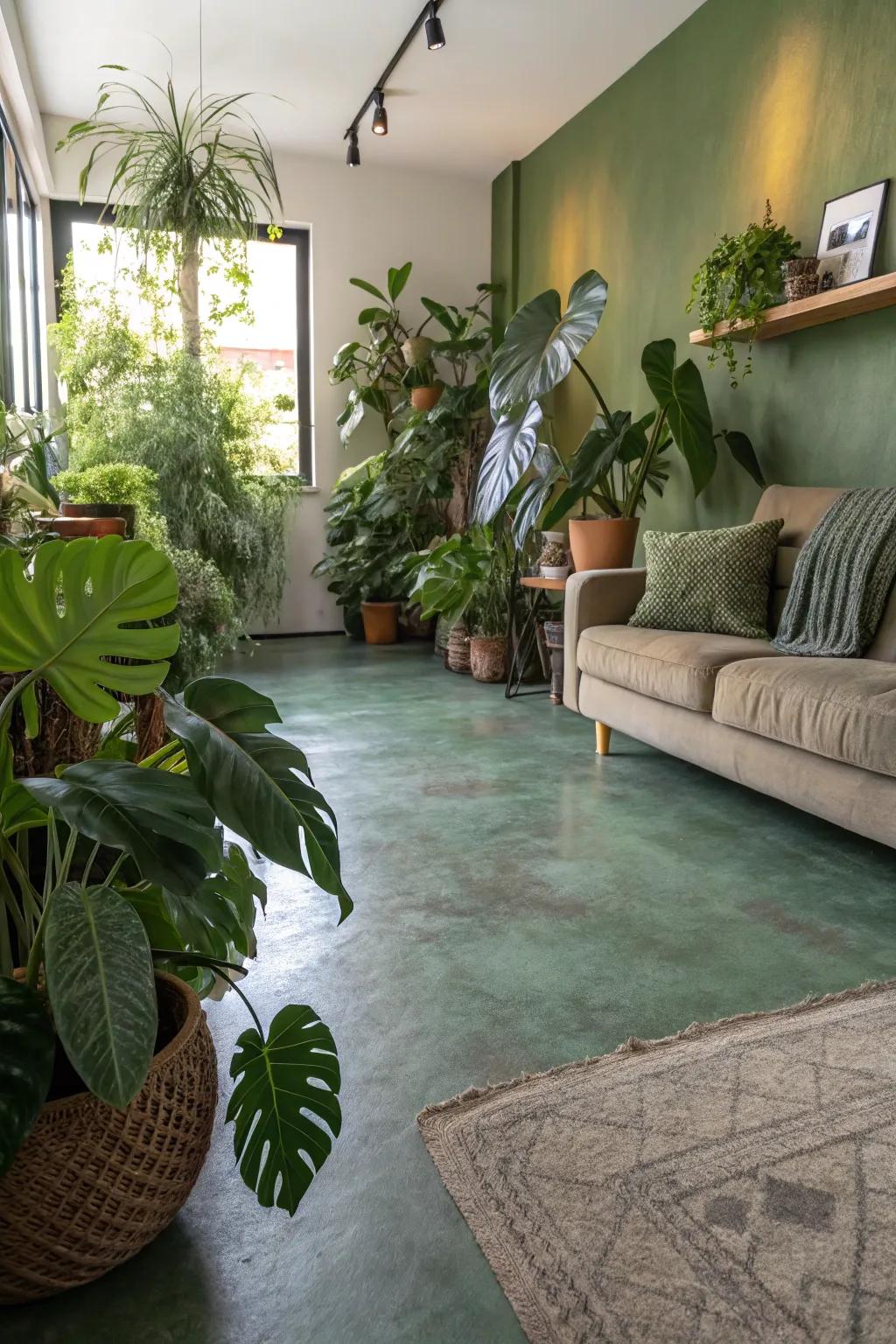 Earthy green tones on a concrete floor blend seamlessly with the natural decor of this living room.