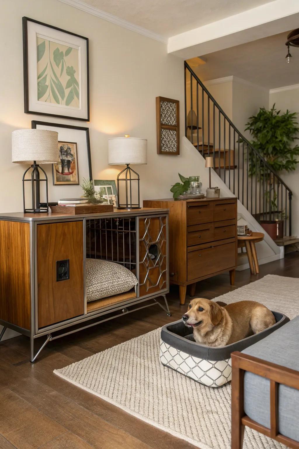 Vintage-inspired design meets modern pet comfort in this mid-century dog retreat.