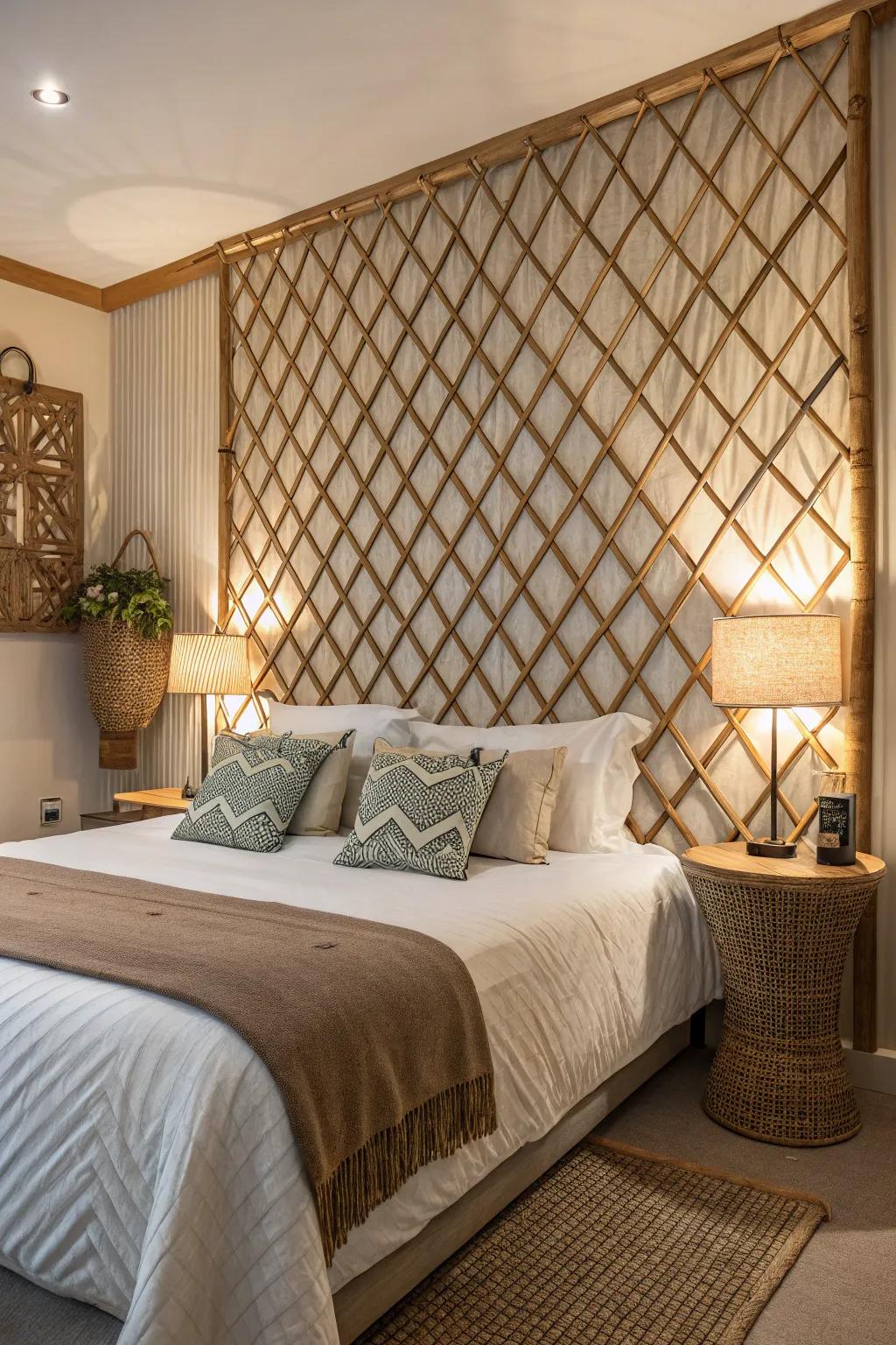 Lattice wall acting as a breathtaking headboard accent within the bedroom.