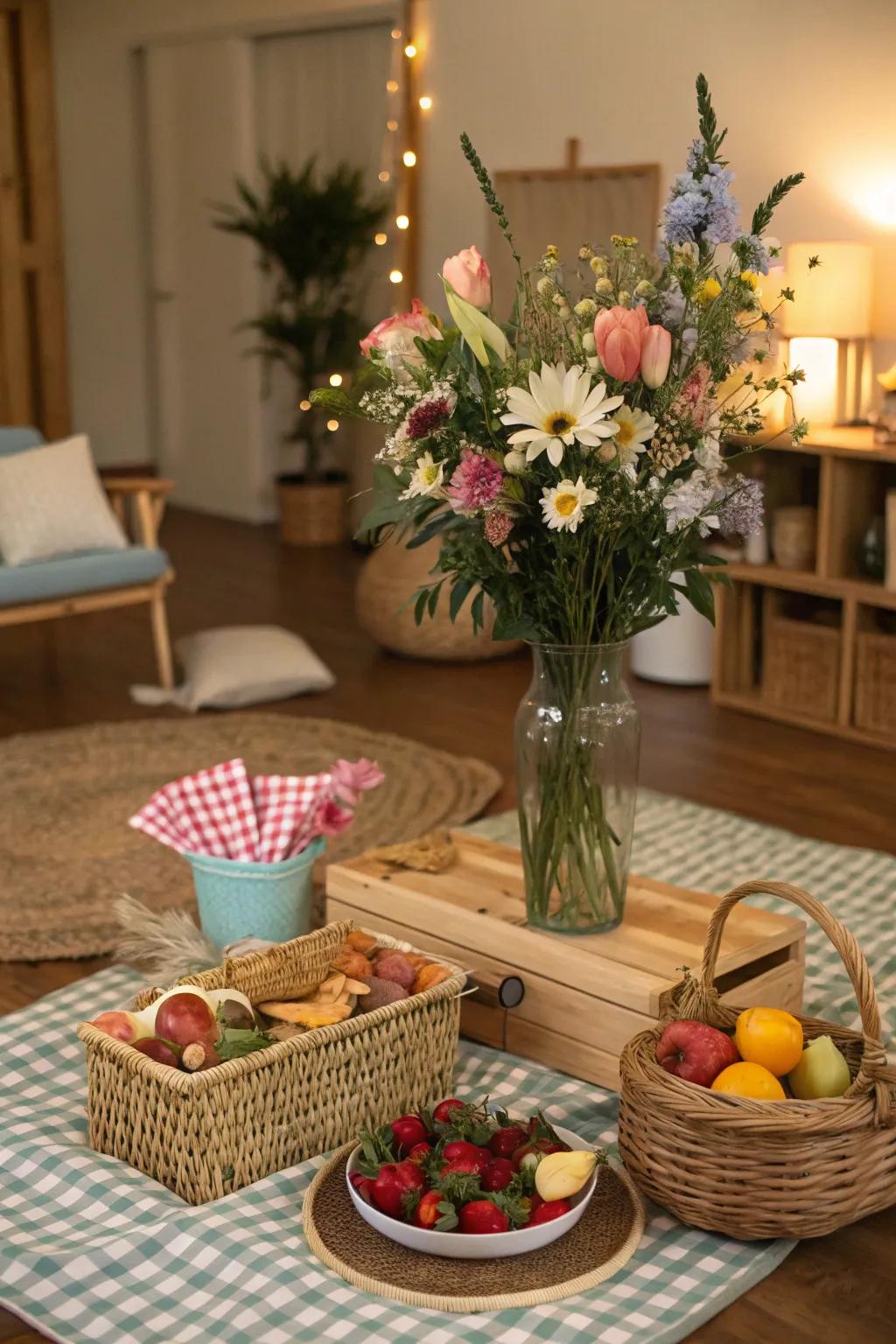 Fresh flowers add natural beauty to the indoor picnic ambiance.