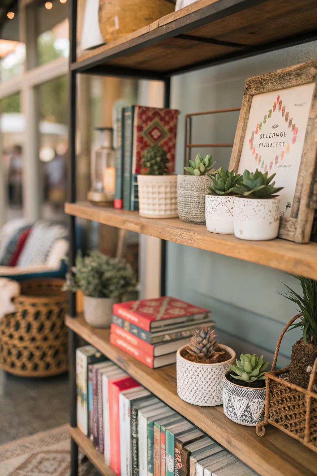 Introduce greenery to your bookshelf via captivating succulents.