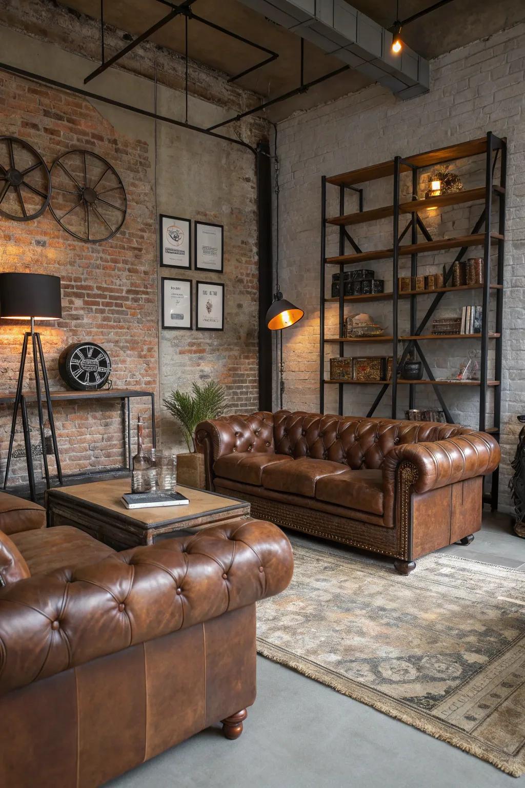 Leather furnishings add a luxurious feel to industrial decor.