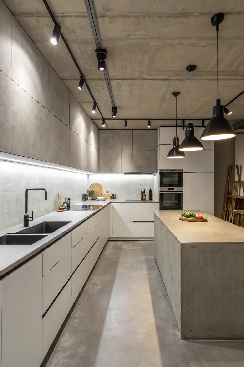 Concrete countertops add an industrial edge to your kitchen design.