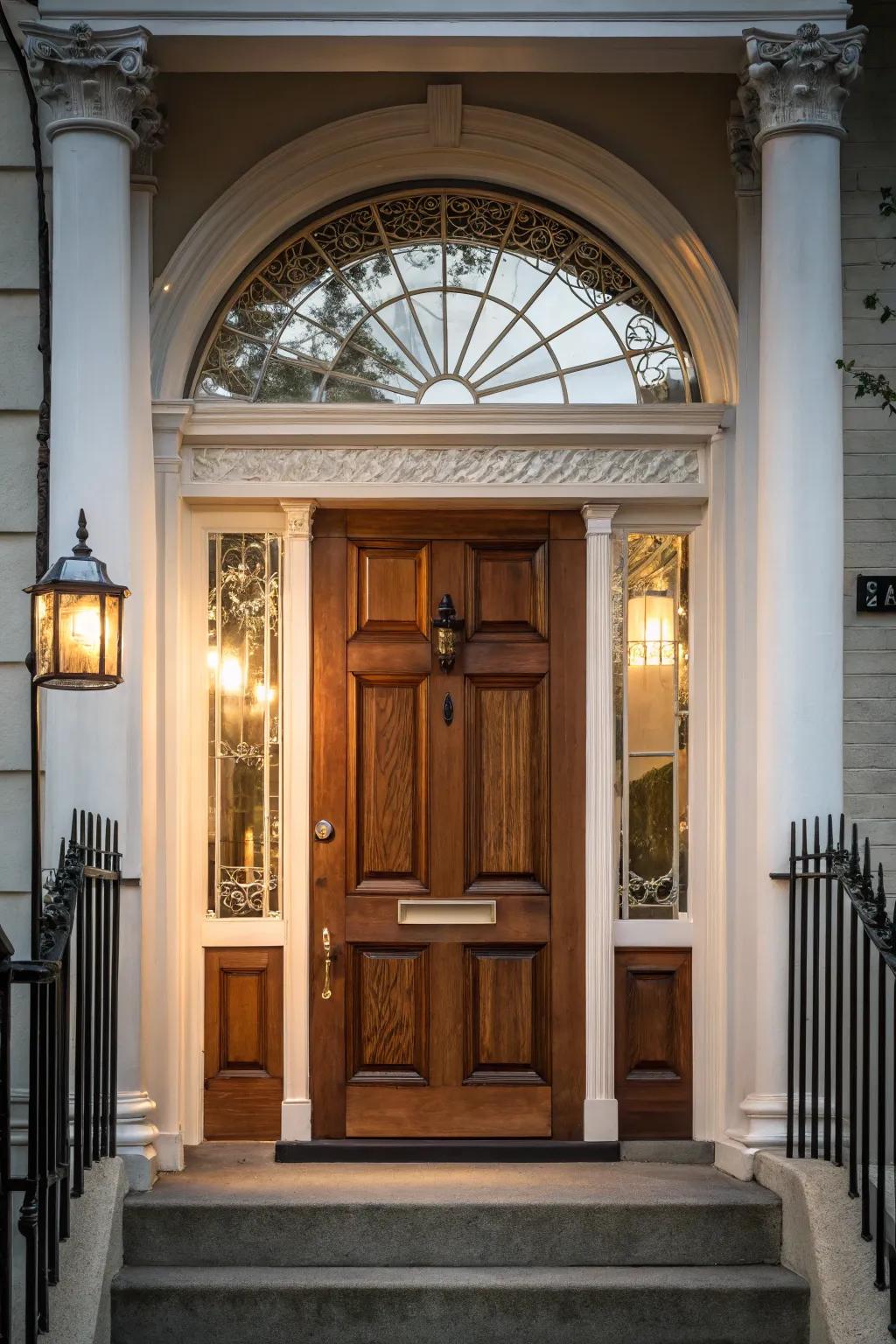 A transom window includes light and beauty to this door.