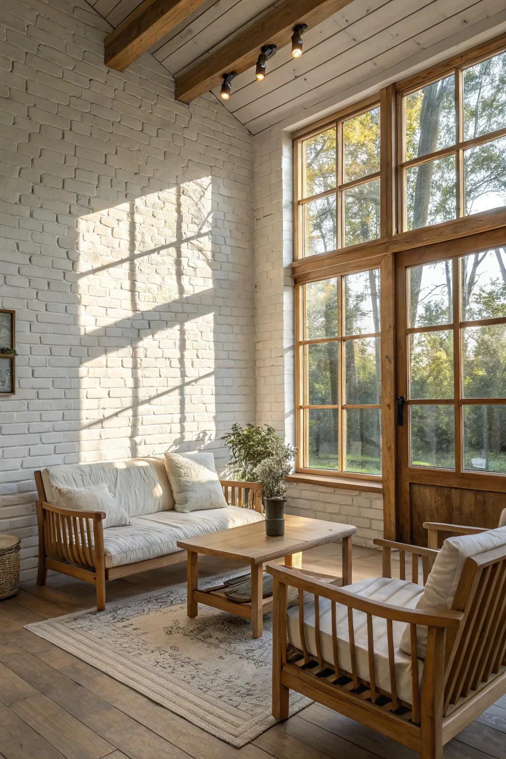 A light and airy living room with a white-painted brick wall, enhancing the open and breezy atmosphere.