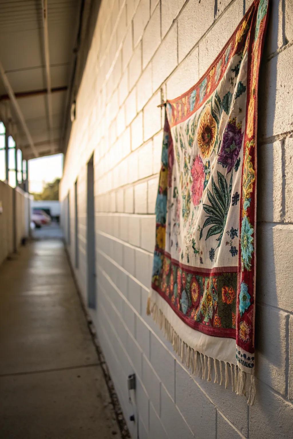 A fabric tapestry adds softness and color to a cinder block wall.