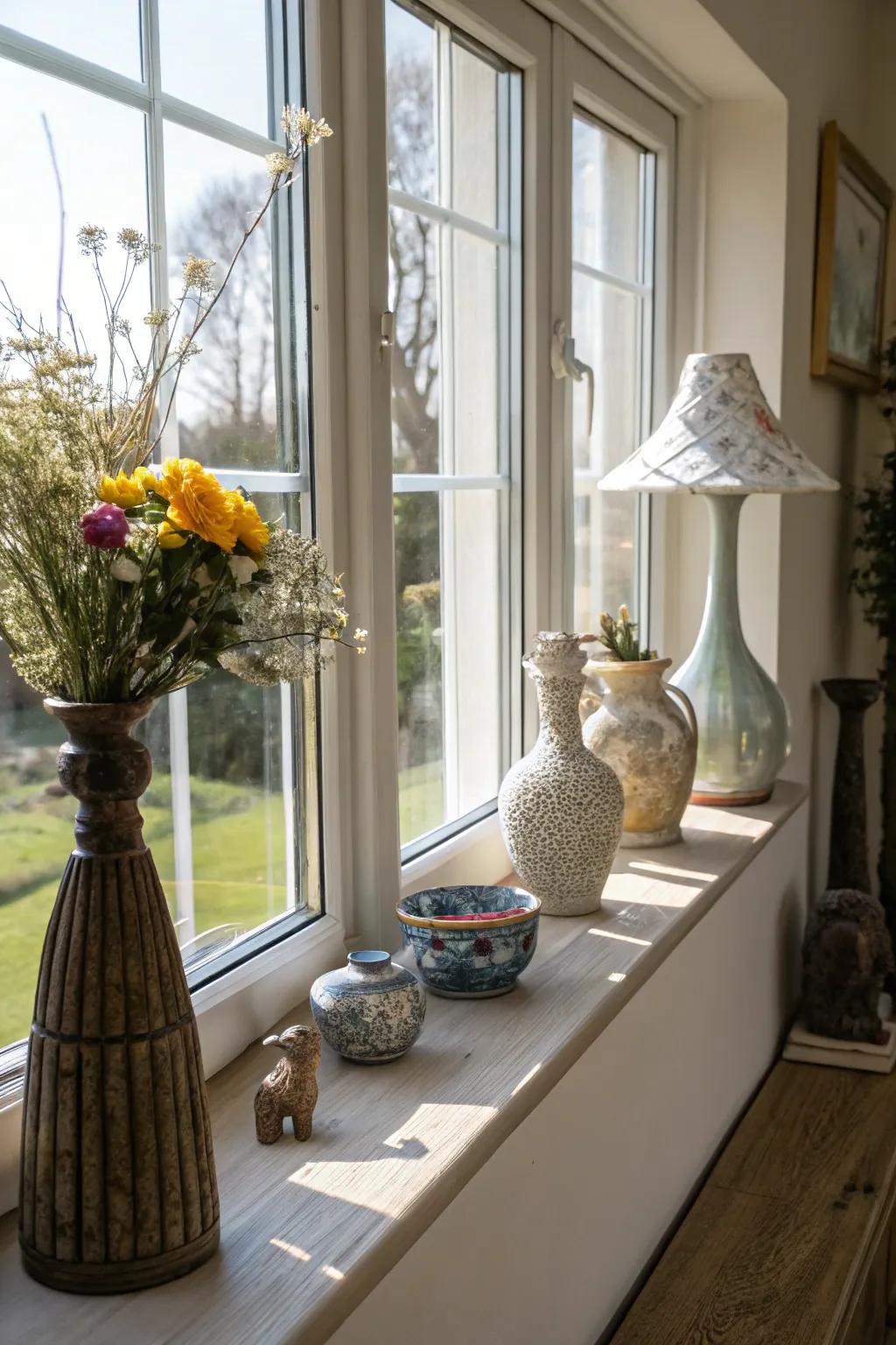 An extended window sill providing extra display space for decorative items.