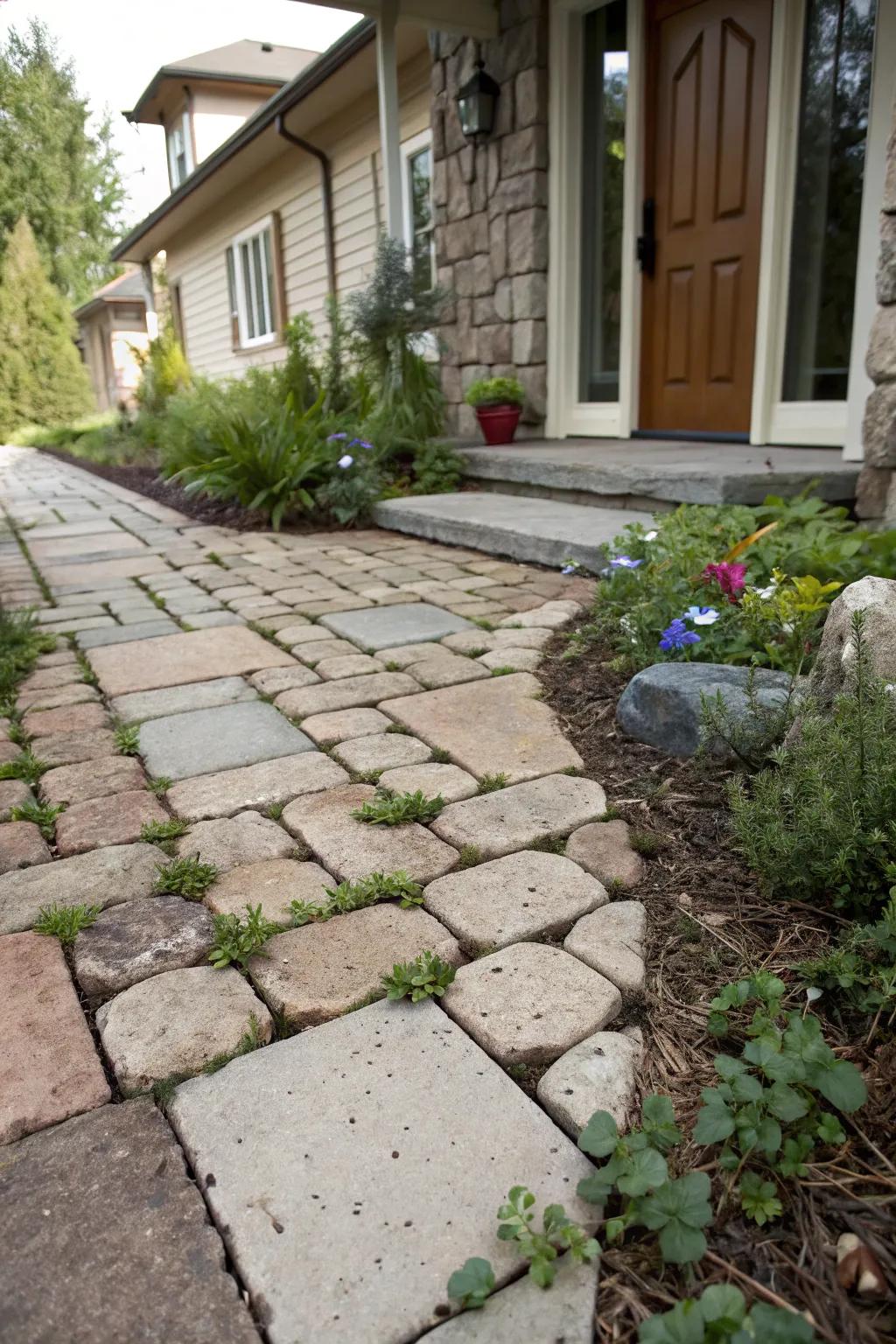 Vegetation among paving results in a lively and welcoming entryway.