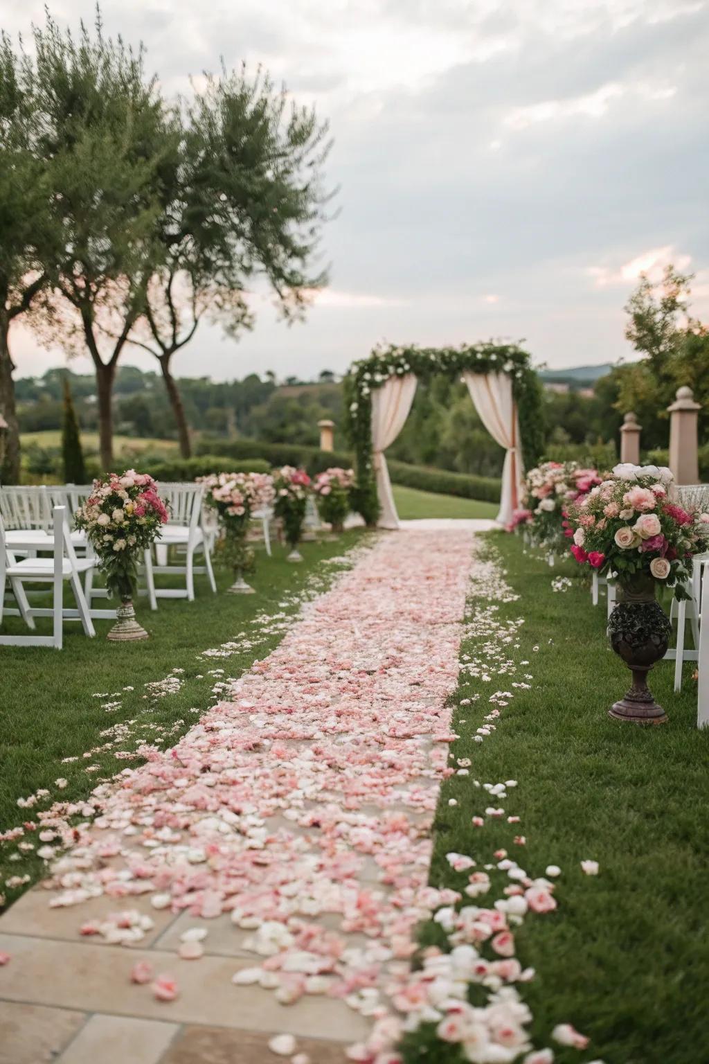 Flower petals and greenery line an enchanting wedding aisle.