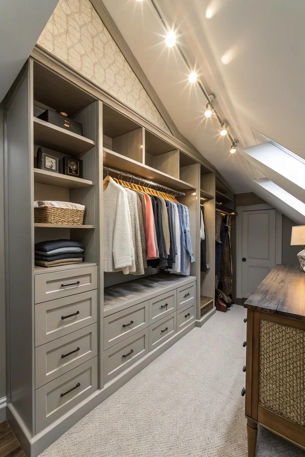 A custom-designed closet that precisely fits a sloped ceiling.