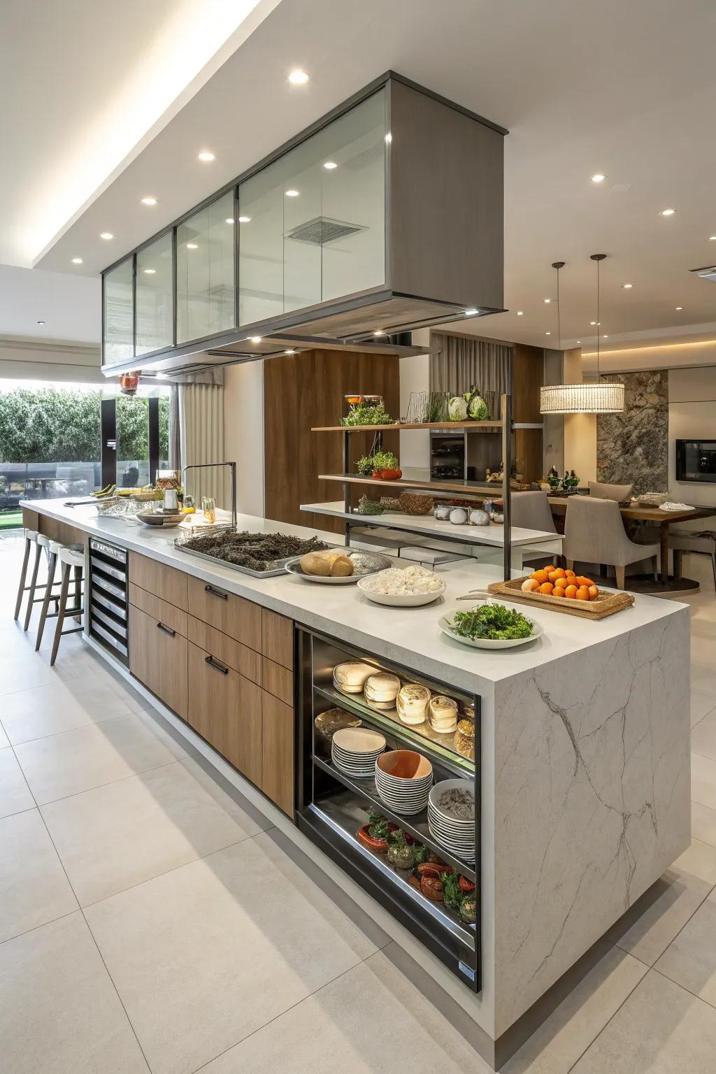 A multi-level countertop design cleverly distinguishing different functions.