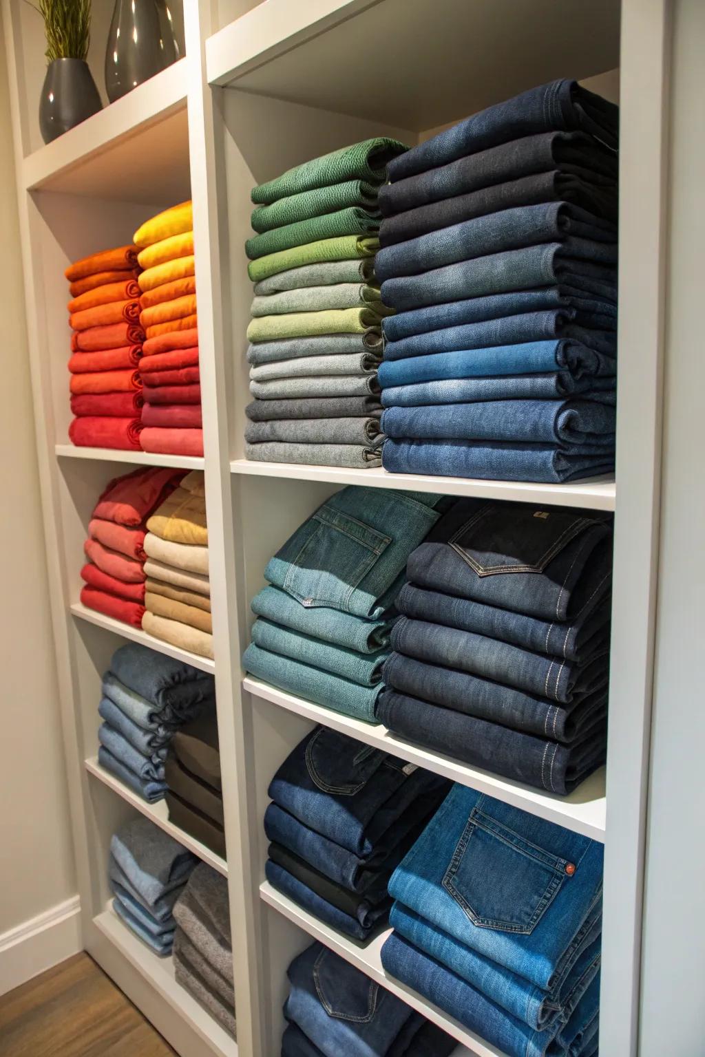 Transform a bookshelf into a fashionable jeans storage component.