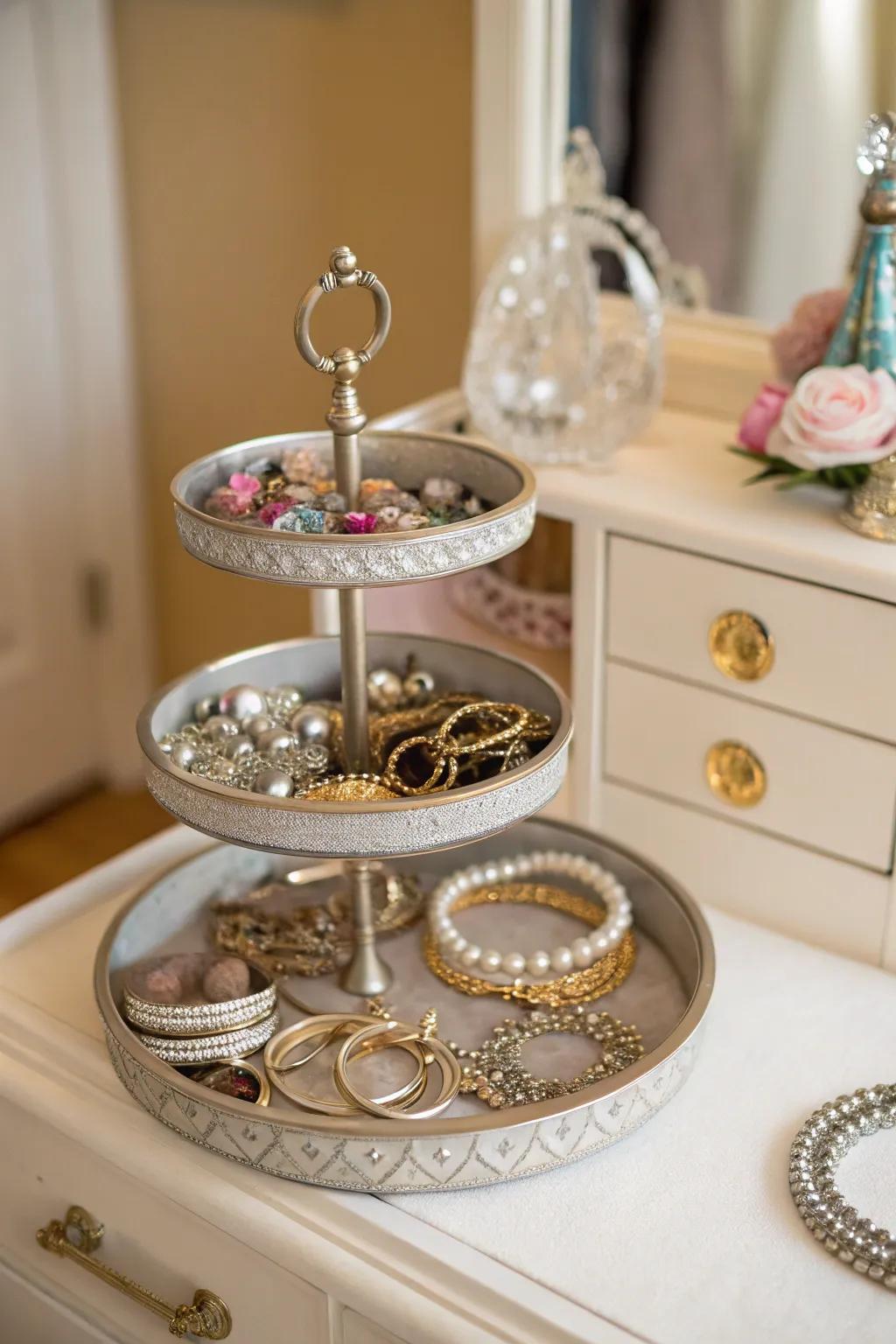 A tiered tray for layered jewelry display