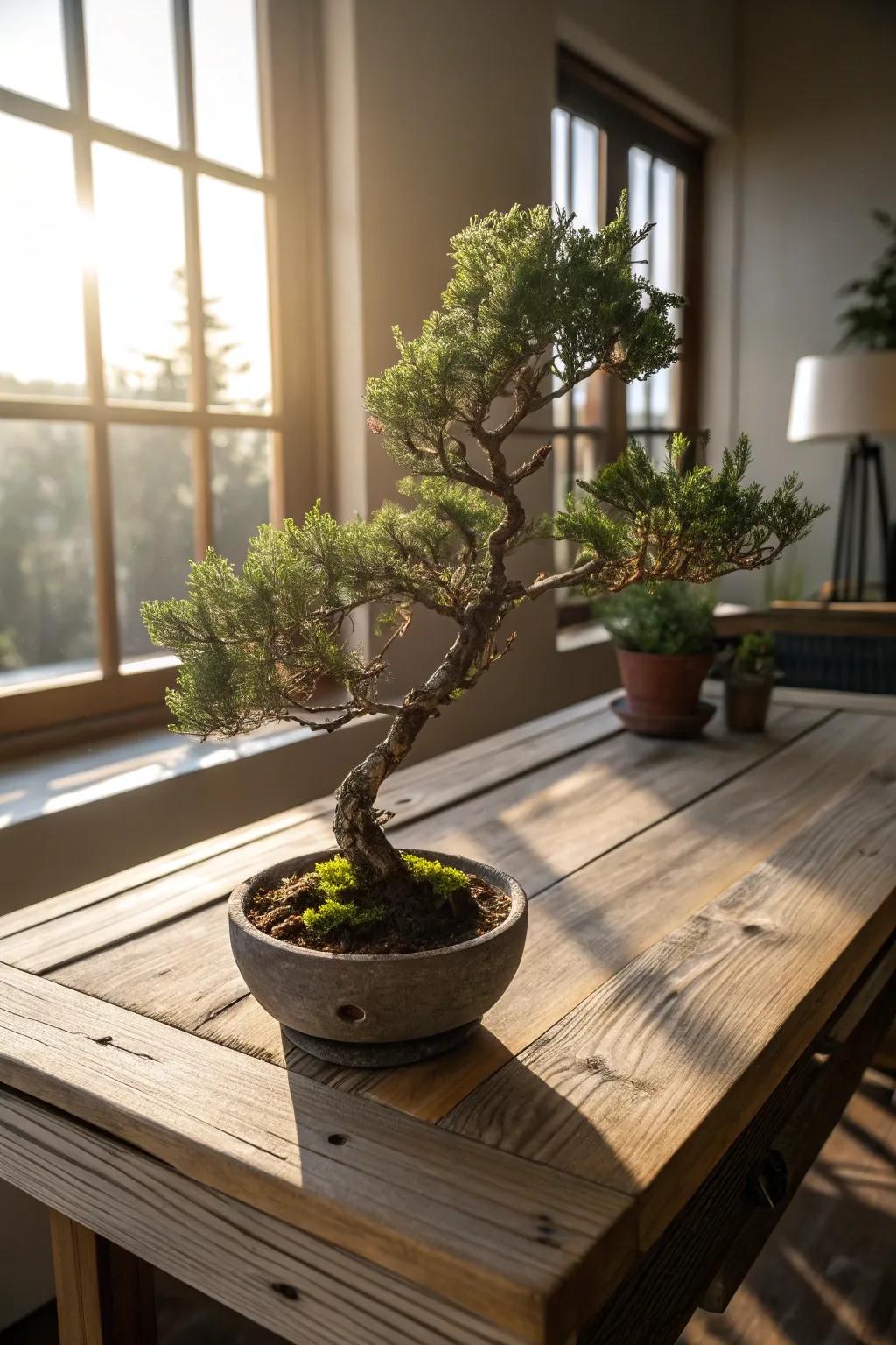 A windswept juniper bonsai bestowing a sense of adventure upon a rustic wooden stand.