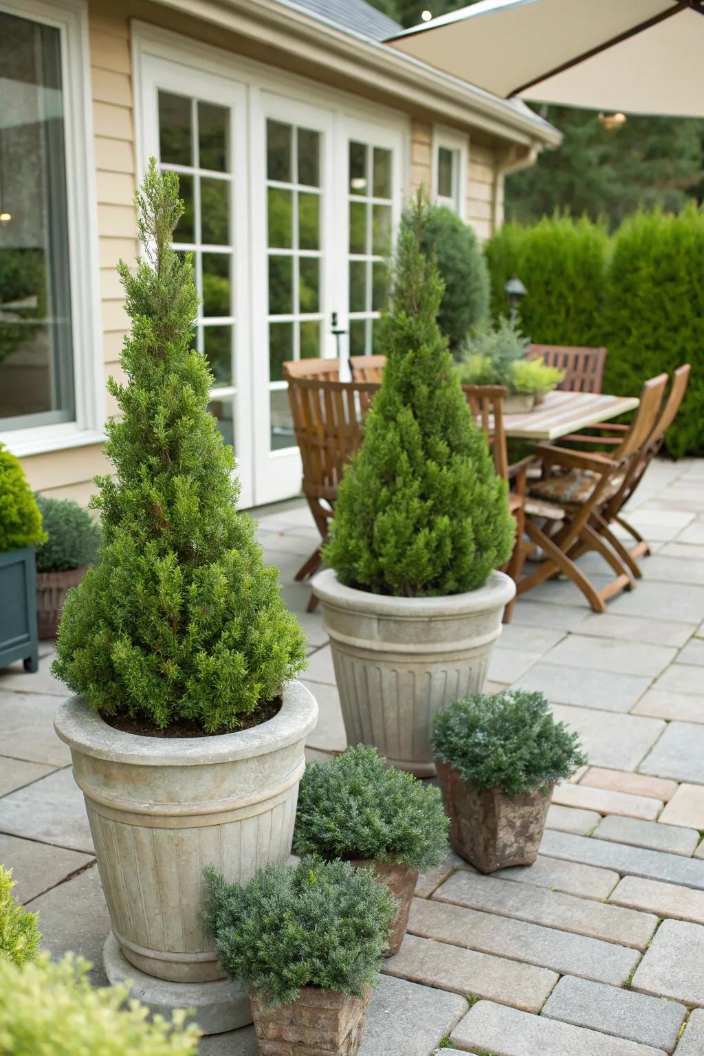 Evergreens in containers adding charm to a patio