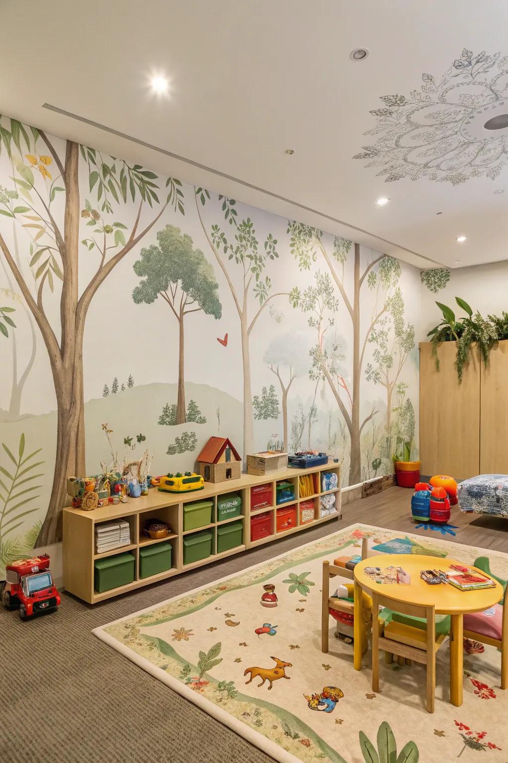 A playroom with nature-themed wallpaper that brings the tranquility of the outdoors inside.