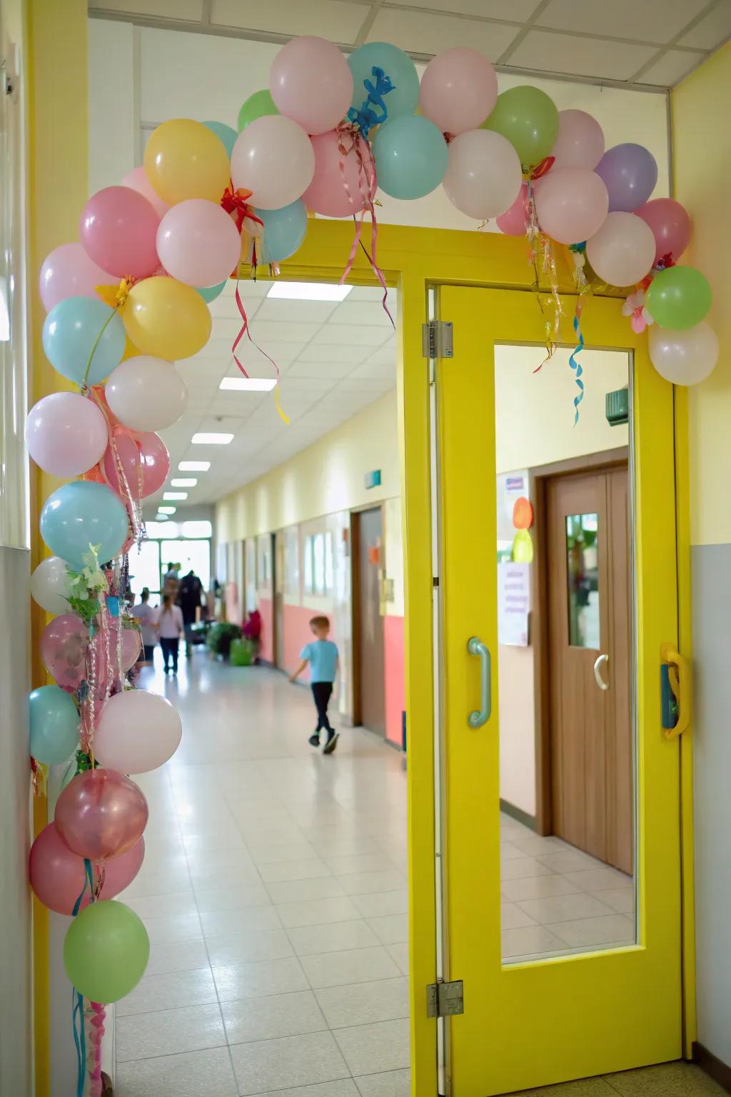 A kindergarten door inundated with kaleidoscopic balloon embellishments.