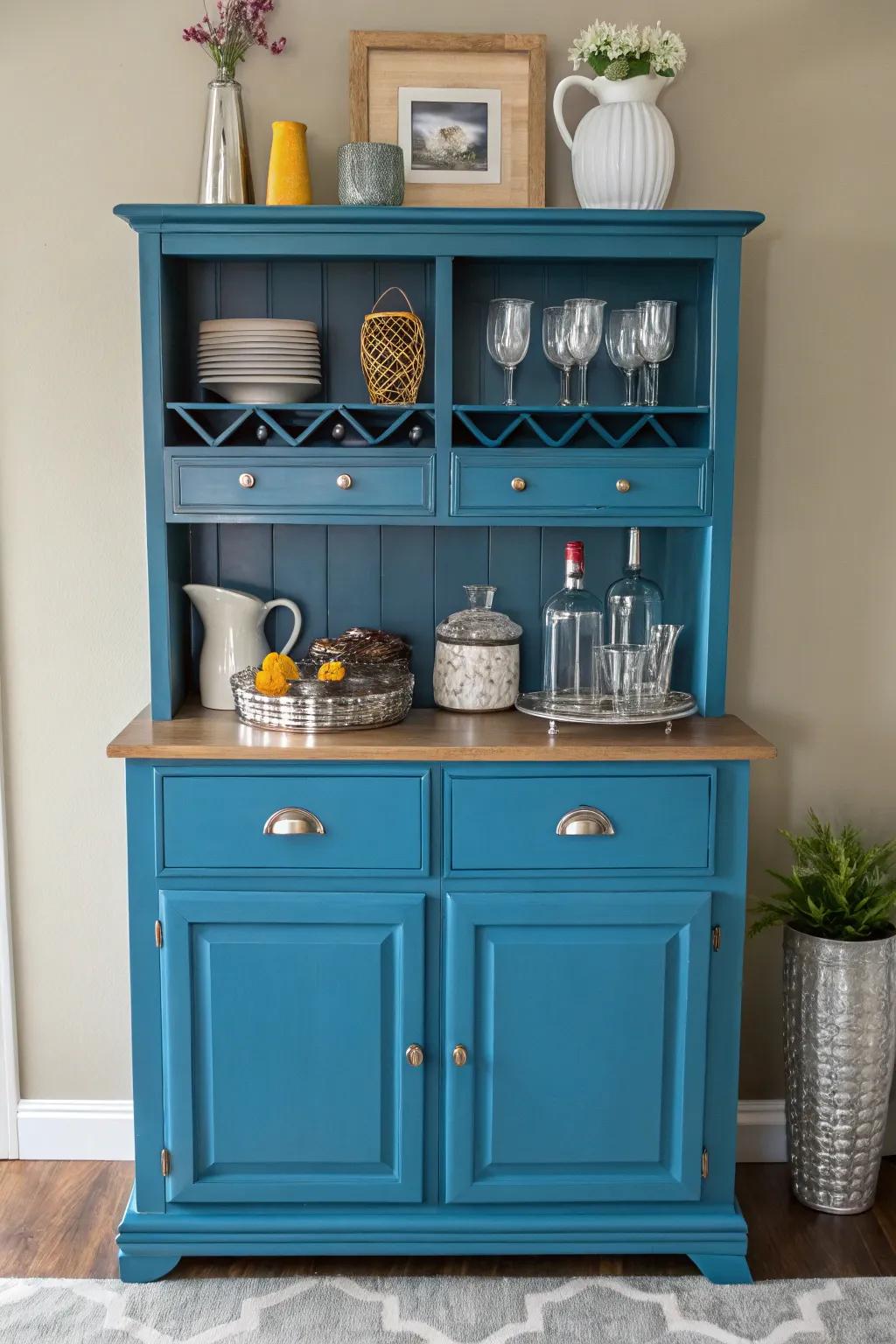 A vibrant bar cabinet adds a playful element to the kitchen.