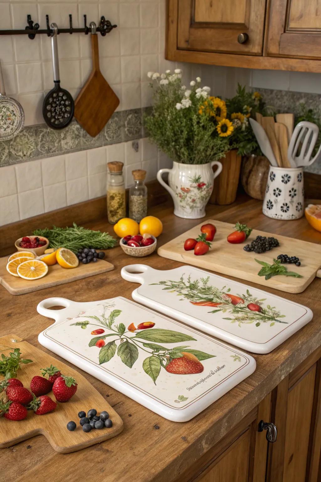 Themed arrangements create a cohesive and stylish atmosphere in the kitchen.