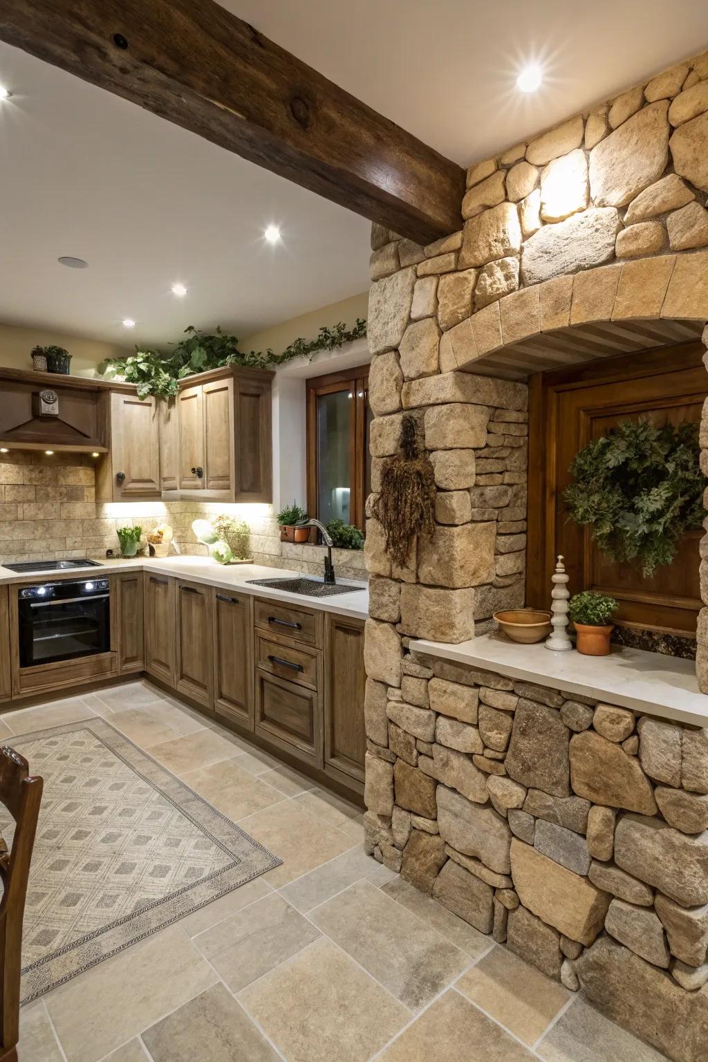 Natural stone borders add an elegant, earthy touch to your kitchen.