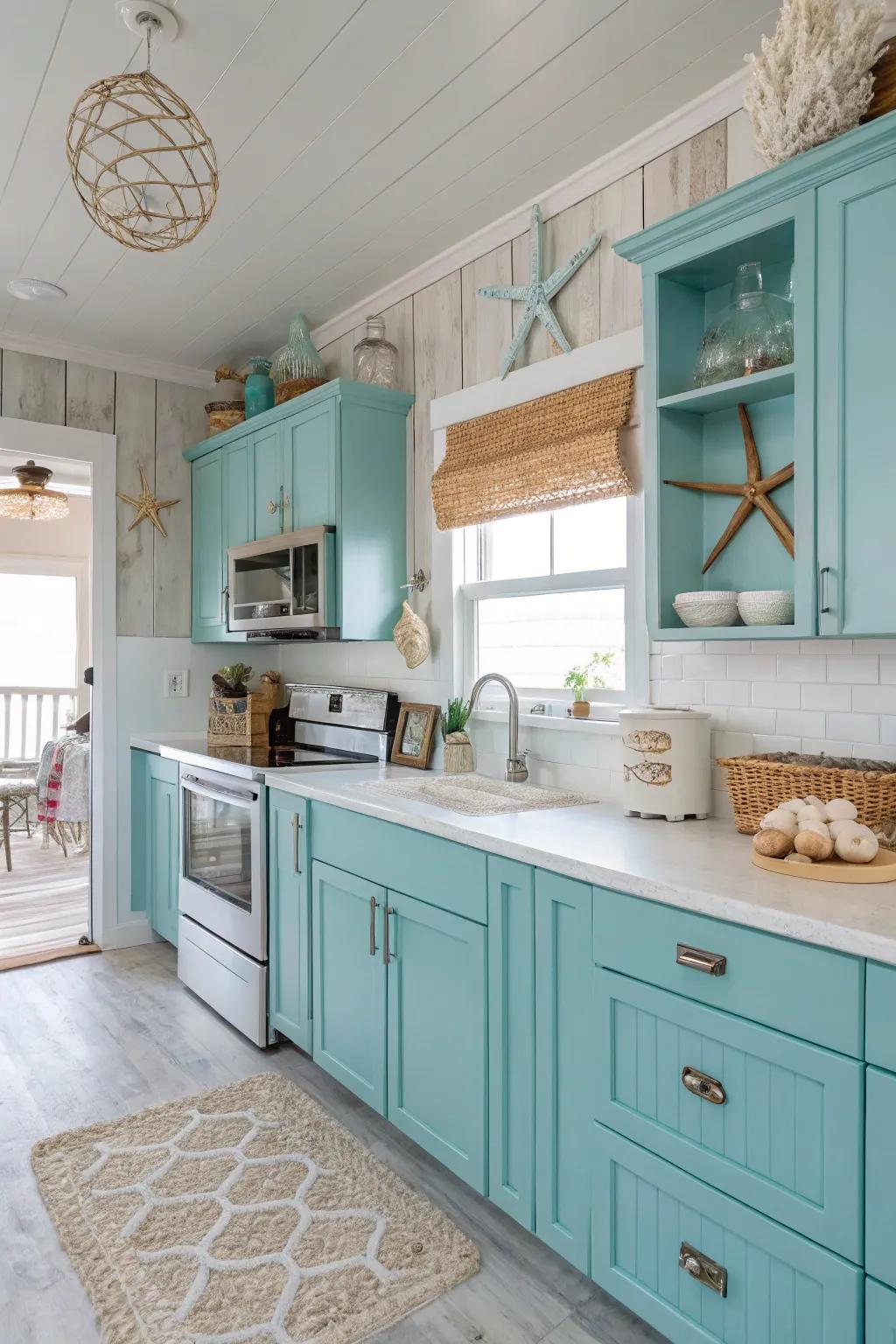 Aqua blue cabinets evoke a refreshing coastal vibe.