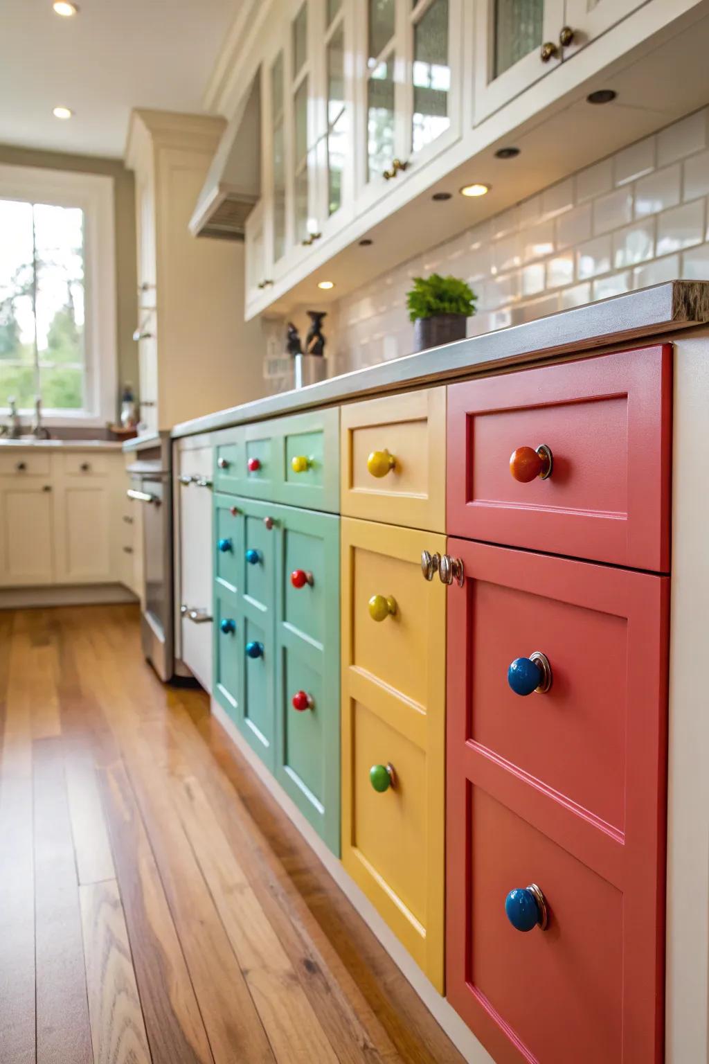 Colorful hardware instantly livens up the kitchen decor.